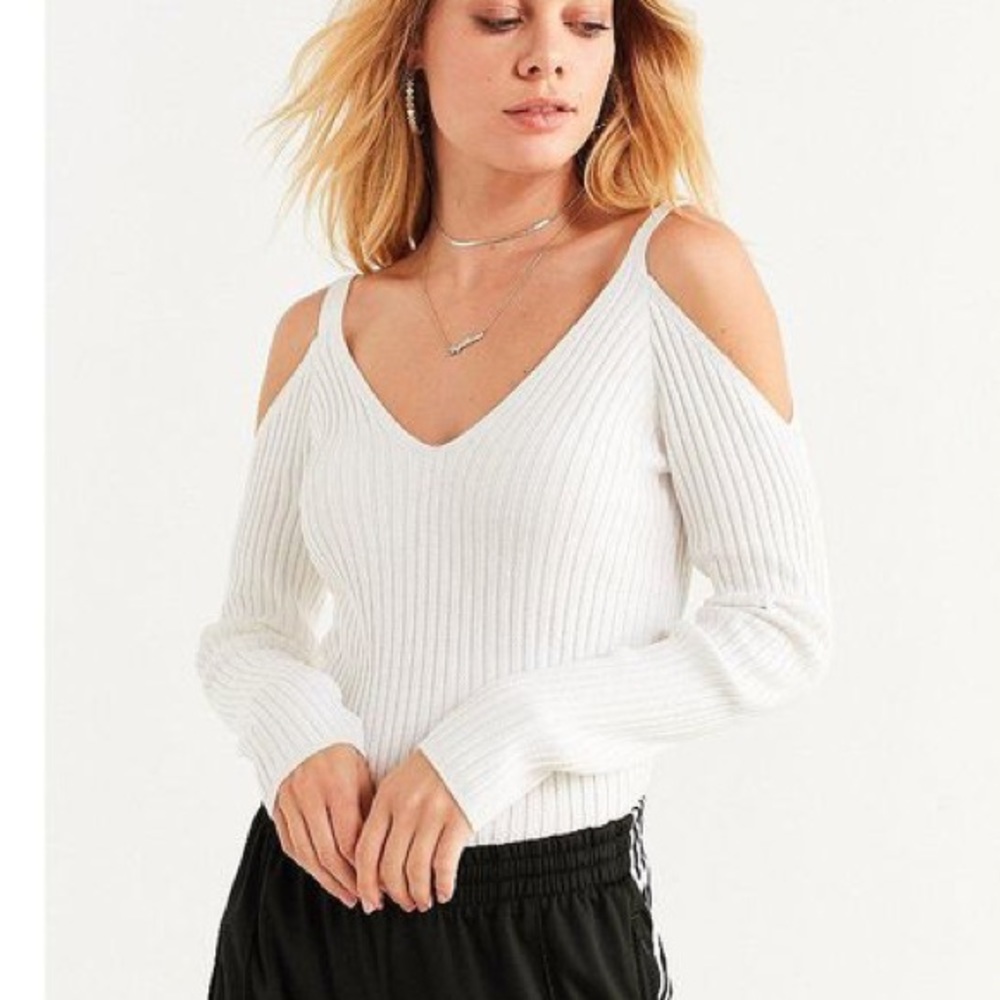 UO Cold Shoulder, Low Back Ribbed White Sweater